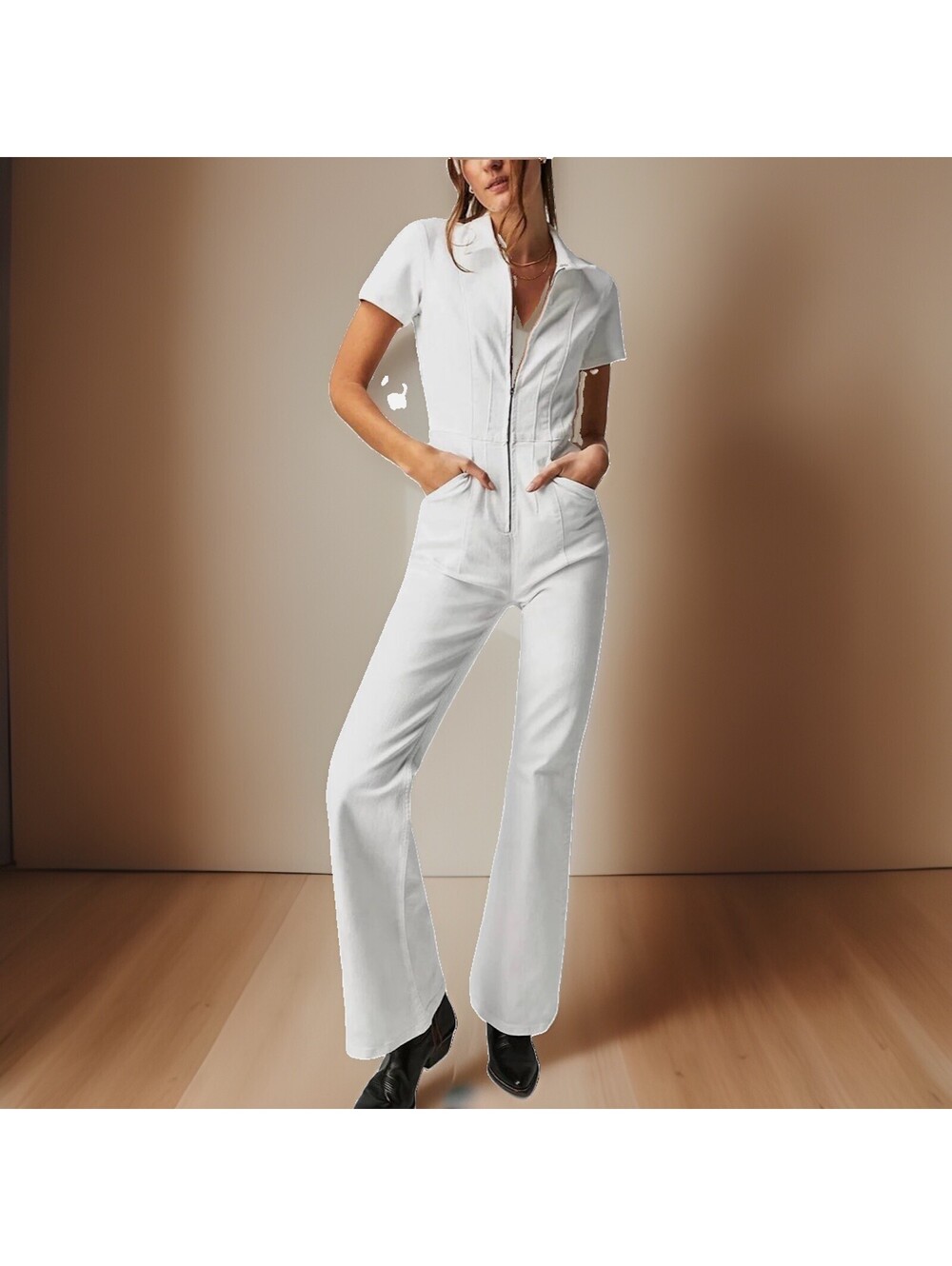 Free People We The Free Jayde Flare Jumpsuit White Mamba NWT Denim Size MED